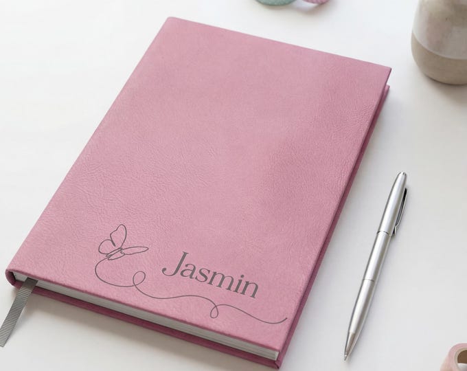 Personalized Journal | Custom Butterfly Notebook & Engraved Pink Leatherette Diary for Her