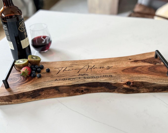 Personalized Live Edge Serving Tray - Custom Serving Tray - Laser-Engraved Family Name - Monogrammed Tray - Housewarming Gifts