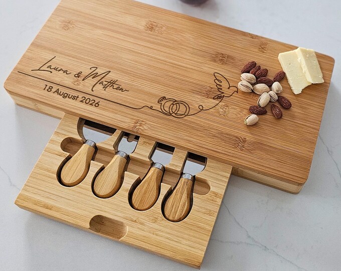 Personalized Charcuterie Board, Dove: Custom Engraved Bamboo Cheese Board, Engagement Gift, Gift for the Couple, Wedding Gift, Hosting Gift