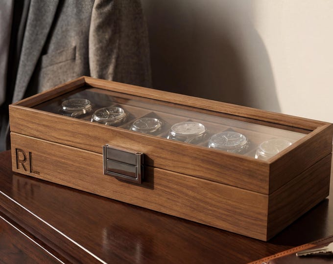 Custom Engraved Watch Box - 6-Watch veneered walnut Case for Men, Personalized Watch Storage, Ideal Gift for Him, Christmas Gift