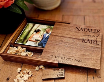Personalized Walnut Wooden Photo Album Box Flash Drive Pendrive – Custom Engraved, Wedding Gifts Packaging, USB3.0, 64GB Capacity