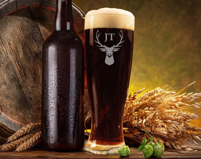 Personalized Beer Glass - Elk Design: Custom Engraved Pilsner Glass, Perfect for Father's Day, Grandpa, Groomsman, Best Man, Beer Lover Gift