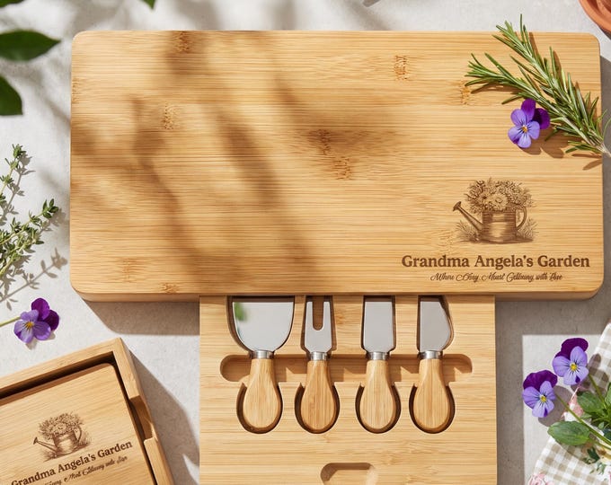 Personalized Grandma Garden Bamboo Charcuterie Board with 4 Knives, Custom Engraved Cheese Platter
