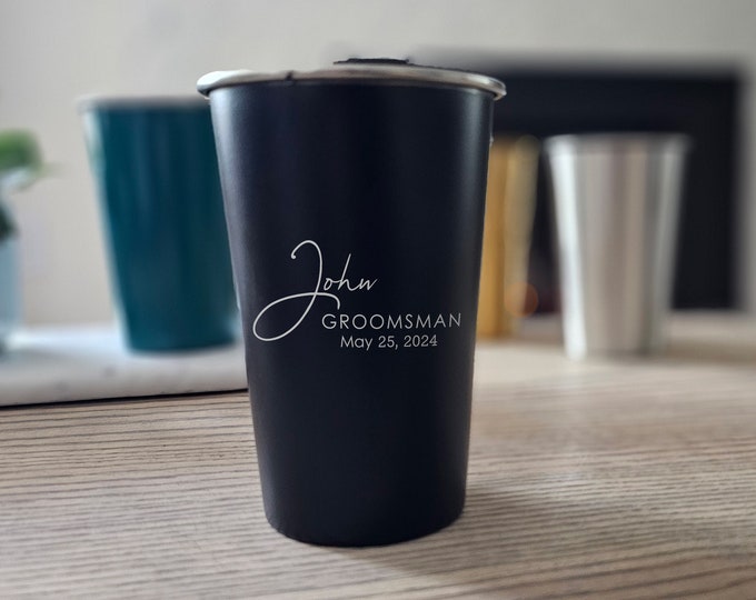 Personalized Stainless Steel Pint Cups  | Custom Engraved Beer Glasses for Groomsmen, Husband, Father | Kid-Friendly | Indoor Outdoor Use
