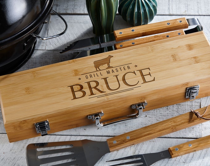 Personalized BBQ Set, Engraved BBQ set, Customized BBQ Utensil Set,  Personalized Grill Tool Set, Gift for him, Fathers Day Gift