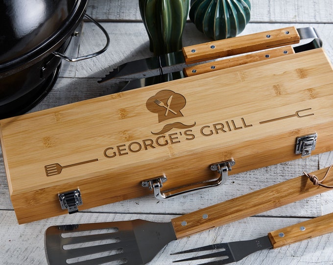 Personalized Engraved BBQ Set – Custom Grill Tool Set & Utensils in Bamboo Case | Gift for BBQ Lovers, Father’s Day, Birthdays, Christmas