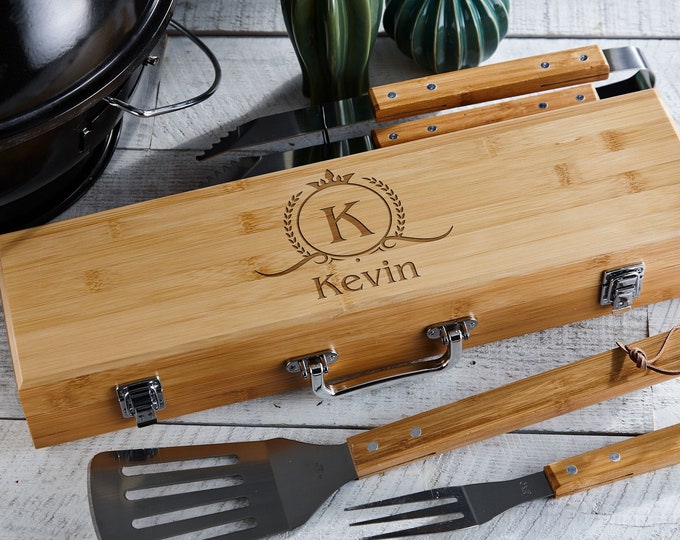 Personalized BBQ Set, Engraved BBQ tools in a wooden Box, Customized BBQ Chef,  Personalized Grill Tool Set, Gift for him, Father's Day Gift