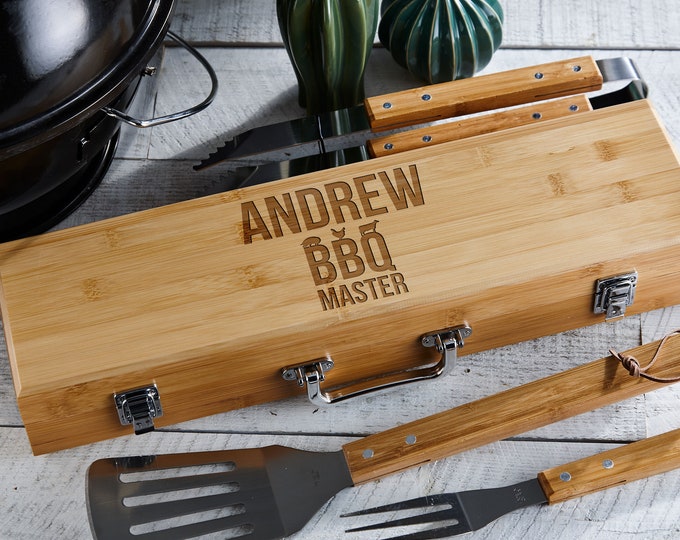 Personalized BBQ Set, Engraved BBQ set, Customized BBQ Utensil Set,  Personalized Grill Tool Set, Gift for him, Fathers Day Gift