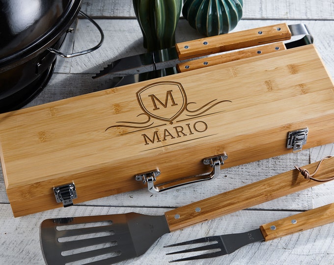 Personalized BBQ Set, Engraved BBQ set, Customized BBQ Utensil Set,  Personalized Grill Tool Set, Gift for him, Fathers Day Gift