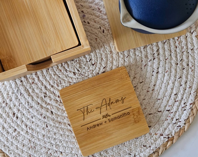 Personalized Bamboo Coaster Set of 5 with holder: Custom Engraved, gift for the couple, housewarming gift, anniversary gift, Chritmas gift