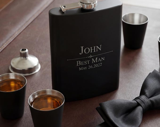 Personalized Flask Set - Custom Engraved 8 Oz Flask Set, Shots & Funnel: Groomsman, Best Man, Bachelor Party, and Wedding Gifts