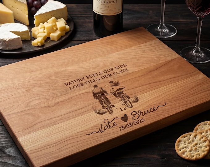 Personalized Cutting Board – Biking Couple: Custom Engraved Charcuterie Board, Cute Gift for Cycling Lovers, Anniversary, Wedding, Keepsake