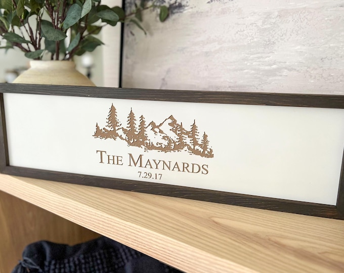 Personalized Wooden Sign, Custom Engraved Farmhouse Decor Sign: Mountains Theme, Chalet, Lake House, Cottage Home, Housewarming Gift