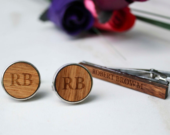 Set of 5 Personalized CuffLinks and tie clips, Wooden CuffLinks, Custom CuffLinks, Groom CuffLinks, Groomsmen Gift, Gift for him