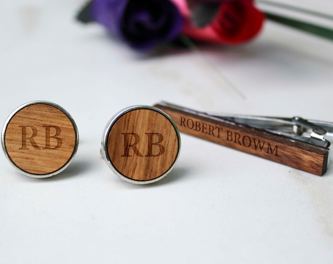 Set of 7 Personalized CuffLinks and tie clips, Wooden CuffLinks, Custom CuffLinks, Groom CuffLinks, Groomsmen Gift, Gift for him