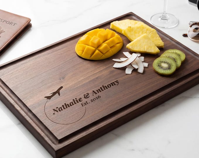 Personalized Charcuterie Board – Travel Lover Couple: Custom Cutting Board | Destination Wedding, Airplane, Flying, Pilot, Explorer Gift