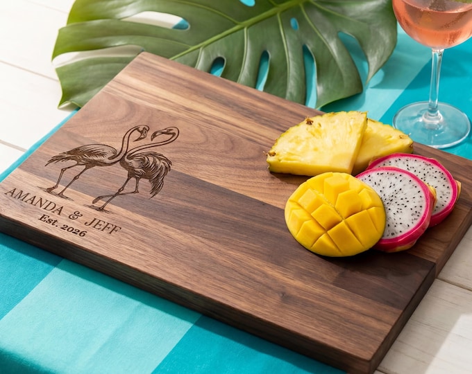 Personalized Flamingo Themed Cutting Board – Custom Engraved Charcuterie Board: Beach House, Wedding, Housewarming Gift