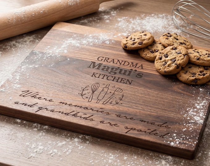 Grandma Kitchen Gift | Personalized Cutting Board & "Grandkids Are Spoiled" Walnut Baking Board