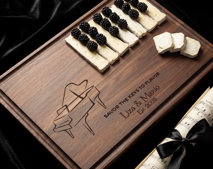 Personalized Cutting Board – Piano Couple: Custom Engraved Charcuterie Board | Couples Who Love Music & Pianos - Wedding or Anniversary Gift
