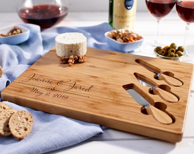 Personalized Cheese Board Set - Custom Engraved Wedding Gift, Couple Gift, Christmas Present, Bamboo Charcuterie Board
