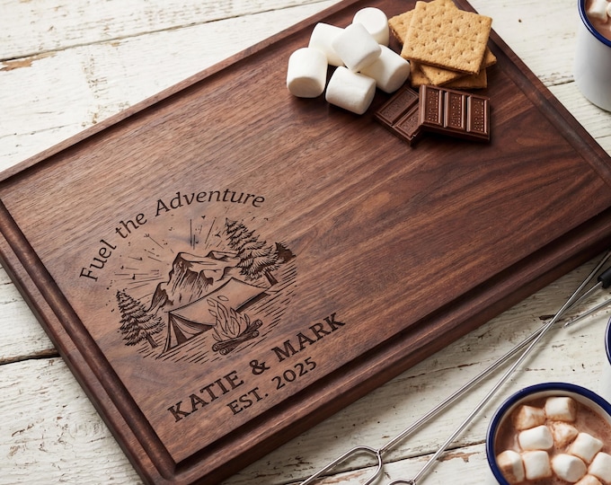 Personalized Cutting Board – Mountain Camping: Custom Engraved Charcuterie Board, Campfire, Camping Lovers, Housewarming, Wedding Gift