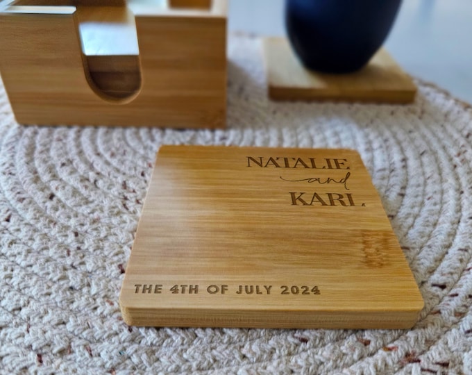 Personalized Bamboo Coasters Set, Custom-Engraved Coasters with Holder: Housewarming, Wedding, Anniversary, Hosting, Christmas, Couple Gift
