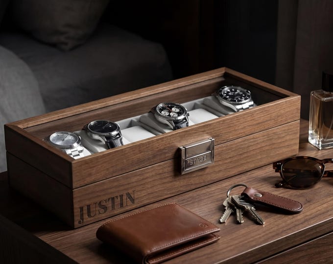 Personalized Watch Box - Custom Engraved 6-Watch veneered walnut Case for Men, Watch Storage, Ideal Gift for Him, Husband, Christmas Gift