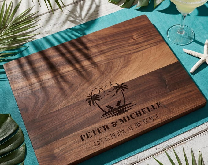 Personalized Retirement Gift for Couple, Beach Theme Cutting Board, Custom Palm Tree Charcuterie Board, Happy Retirement Decor