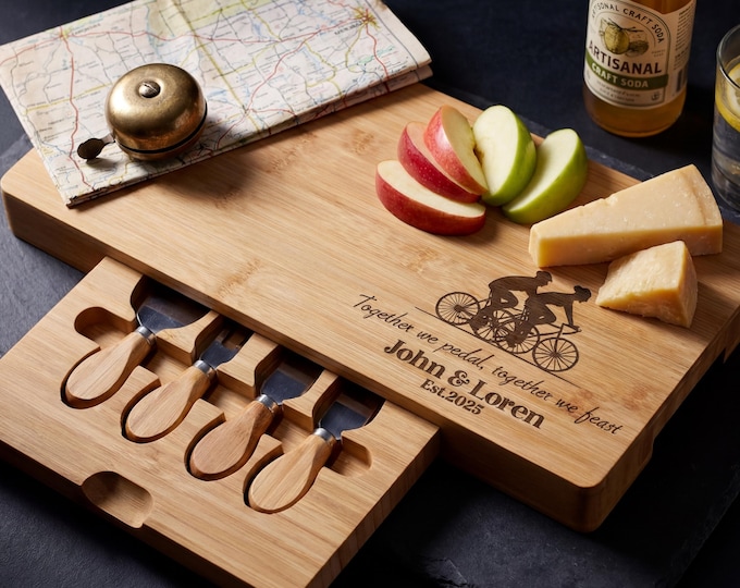 Personalized Biking Couple Bamboo Charcuterie Board Set
