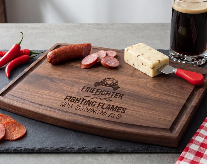 Personalized Firefighter Wood Cutting Board, Custom Engraved Walnut Charcuterie Tray, Retirement Gift for Him