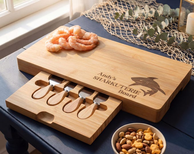 Personalized Shark Charcuterie Board: Engraved Bamboo Cheese Board