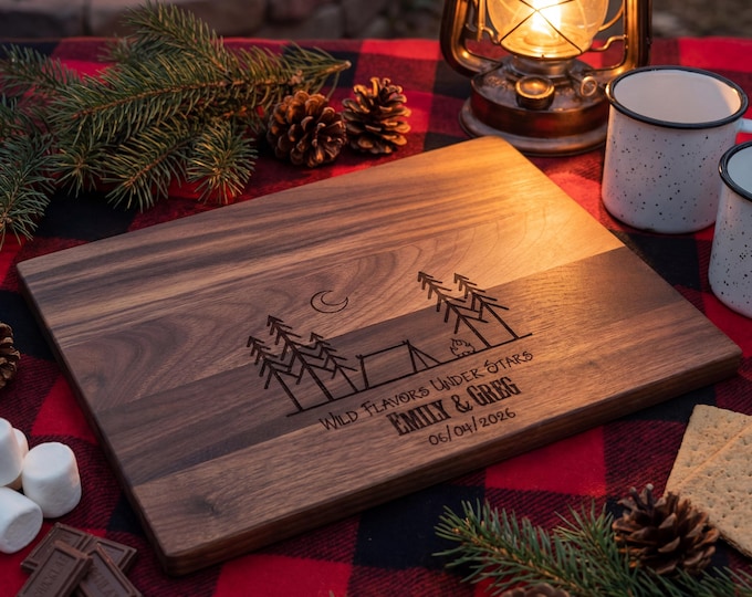 Camping Gift for Couple | Personalized Cutting Board & "Wild Flavors" Custom S'mores Tray