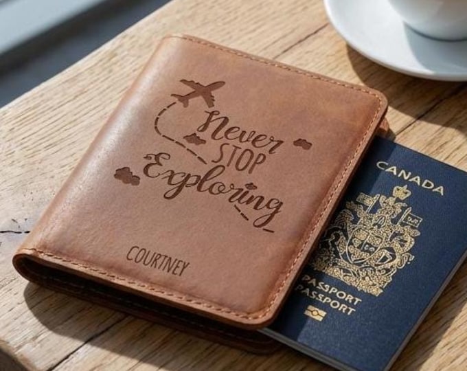 Personalized Genuine Leather Passport Cover with Never Stop Exploring Design, Custom Travel Wallet