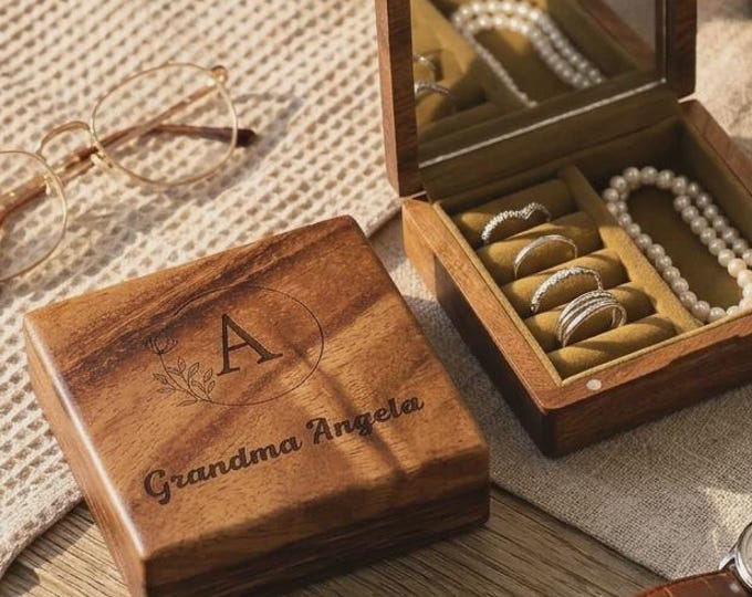 Personalized Floral Wood Jewelry Box - Custom Engraved Travel Monogram Mirror Case, Gift For Her