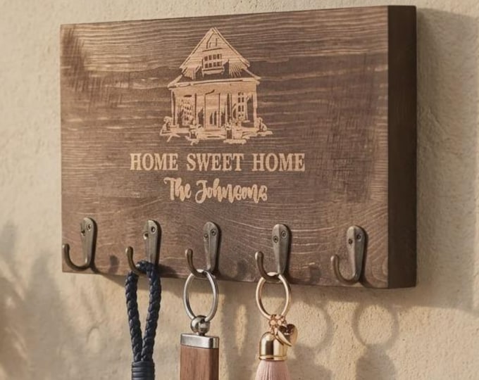 Personalized Wood Key Hanger with 6 Hooks, Custom Engraved Realtor Closing Gift, Home Sweet Home