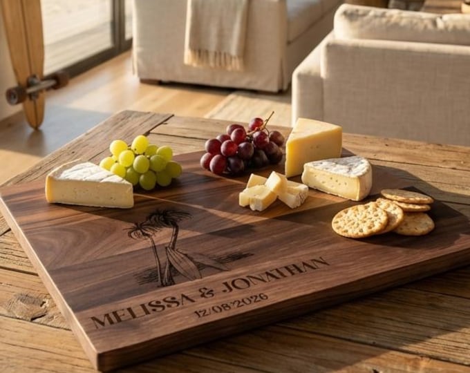 Personalized Surfer Gift for Couple | Custom Walnut Charcuterie Board & Tropical Destination Wedding Present