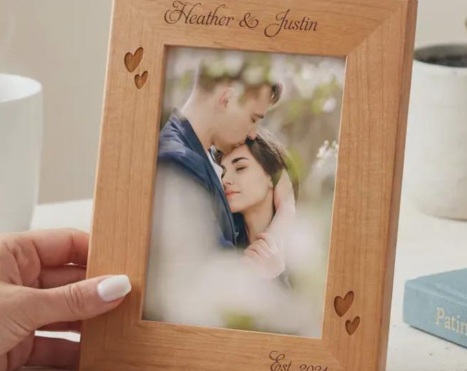 Personalized Names Wood Photo Frame - Engraved Couple Anniversary Wedding Date Keepsake