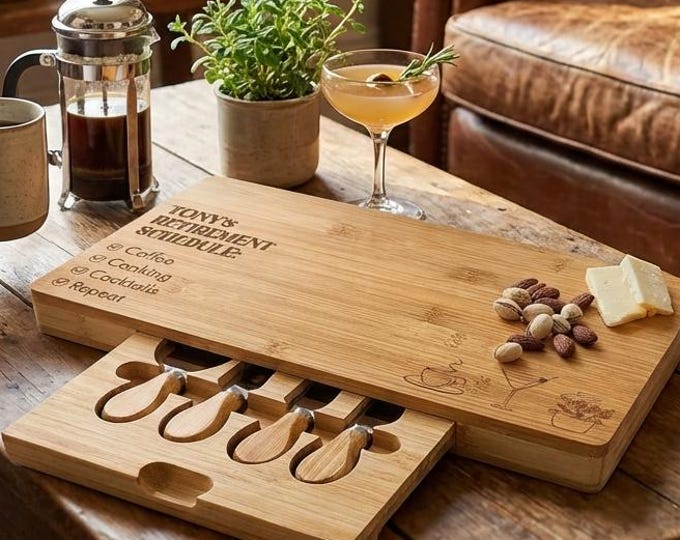 Personalized Retirement Gift for Him | "Retirement Schedule" Charcuterie Board Set & Funny Coworker Leaving Gift