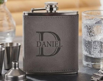 Personalized Flask Gift Set: Engraved 6oz Flask, Grey Vegan Leather Box