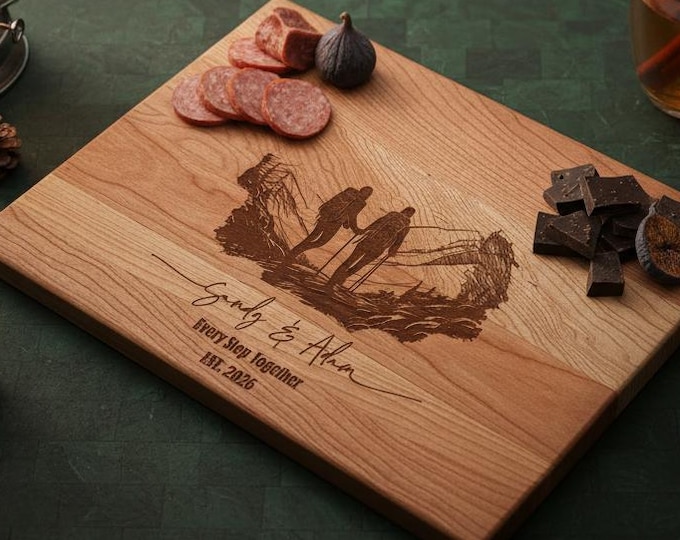 Personalized Cutting Board – Hiking Couple: Custom Charcuterie Board | Adventure, Anniversary, Engagement, Housewarming Party, Wedding Gift