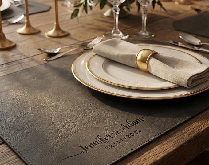 Personalized Leatherette Placemats, Custom Engraved Faux Leather Table Mats with Names