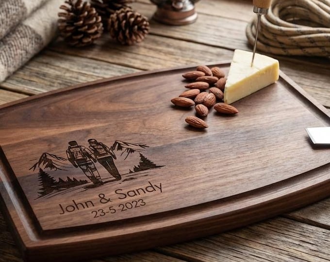 Personalized Cutting Board, Hiking Couple: Custom Engraved Charcuterie Board, Gift For Hikers & Nature Lovers – Housewarming, Hosting Gift