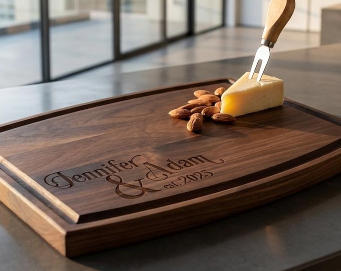 Personalized Cutting Board with Juice Groove | Custom Walnut Charcuterie Board & Wedding Gift for Couple