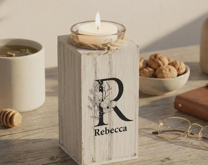 Personalized Pine Wood Candle Holder, Custom Engraved Mother's Day Gift, Distressed Wood Decor
