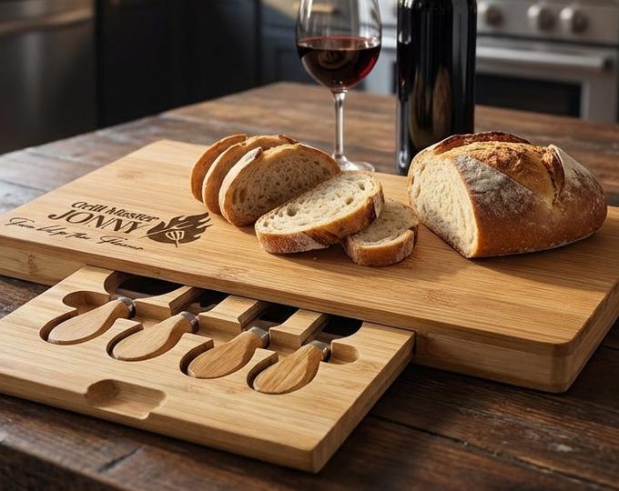 Personalized Grill Master Gift | Custom BBQ Charcuterie Board Set & Bamboo Cheese Platter for Dad