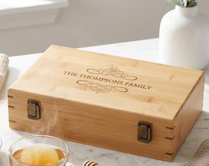 Personalized Bamboo Tea Box, Custom Engraved Wood Tea Chest Organizer for Kitchen