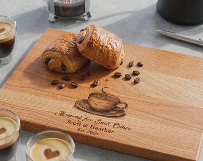 Personalized Coffee Theme Wood Cutting Board, Custom Engraved Serving Tray for Couples, Wedding Gift