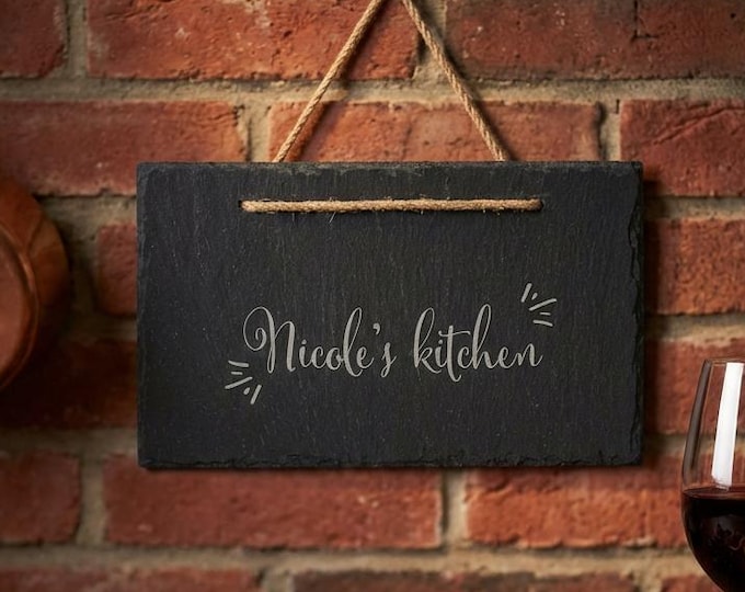 Personalized Slate Hanging Sign with Rope, Custom Engraved Door Plaque for Kitchen or Entryway