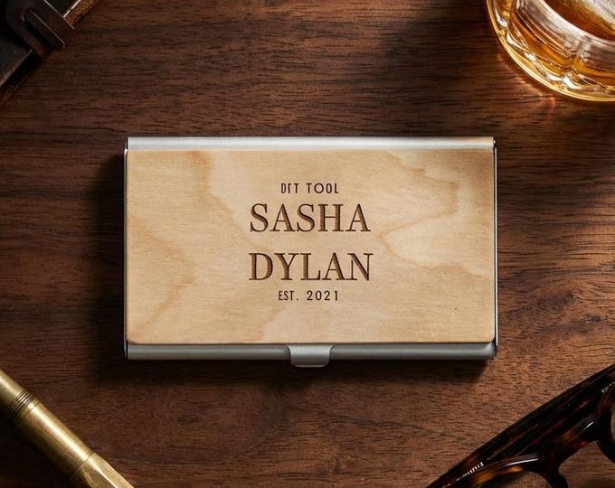 Personalized Wood Business Card Holder, Custom Engraved Maple and Walnut Case, Executive Gift
