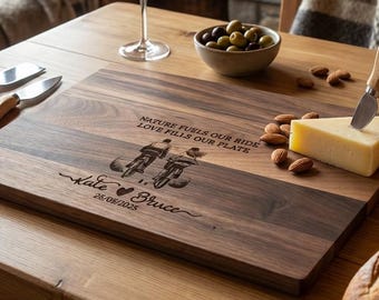 Personalized Biking Wood Cutting Board, Custom Engraved Cycling Couple Gift, Walnut Charcuterie Tray